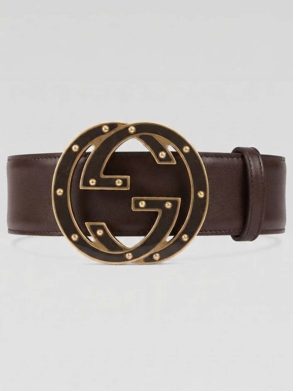 Gucci Dark Brown Leather Belt with Gold Double G Studded Buckle